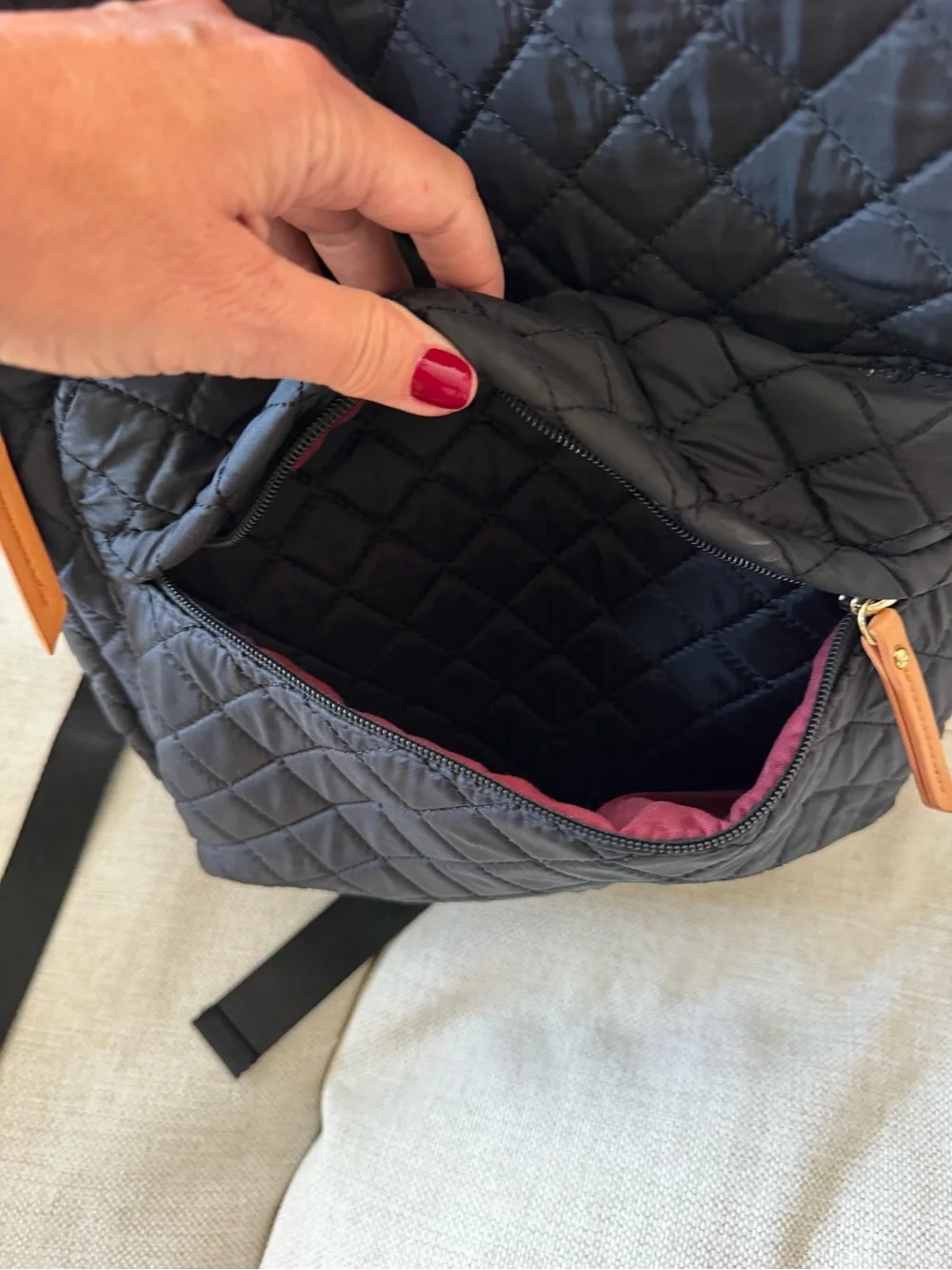 Adrienne Vittadini Black Quilted Backpack with Tan Accents